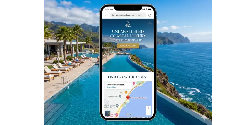 Smartphone showing a beautiful Mombasa hotel website with ocean views and Google Maps location