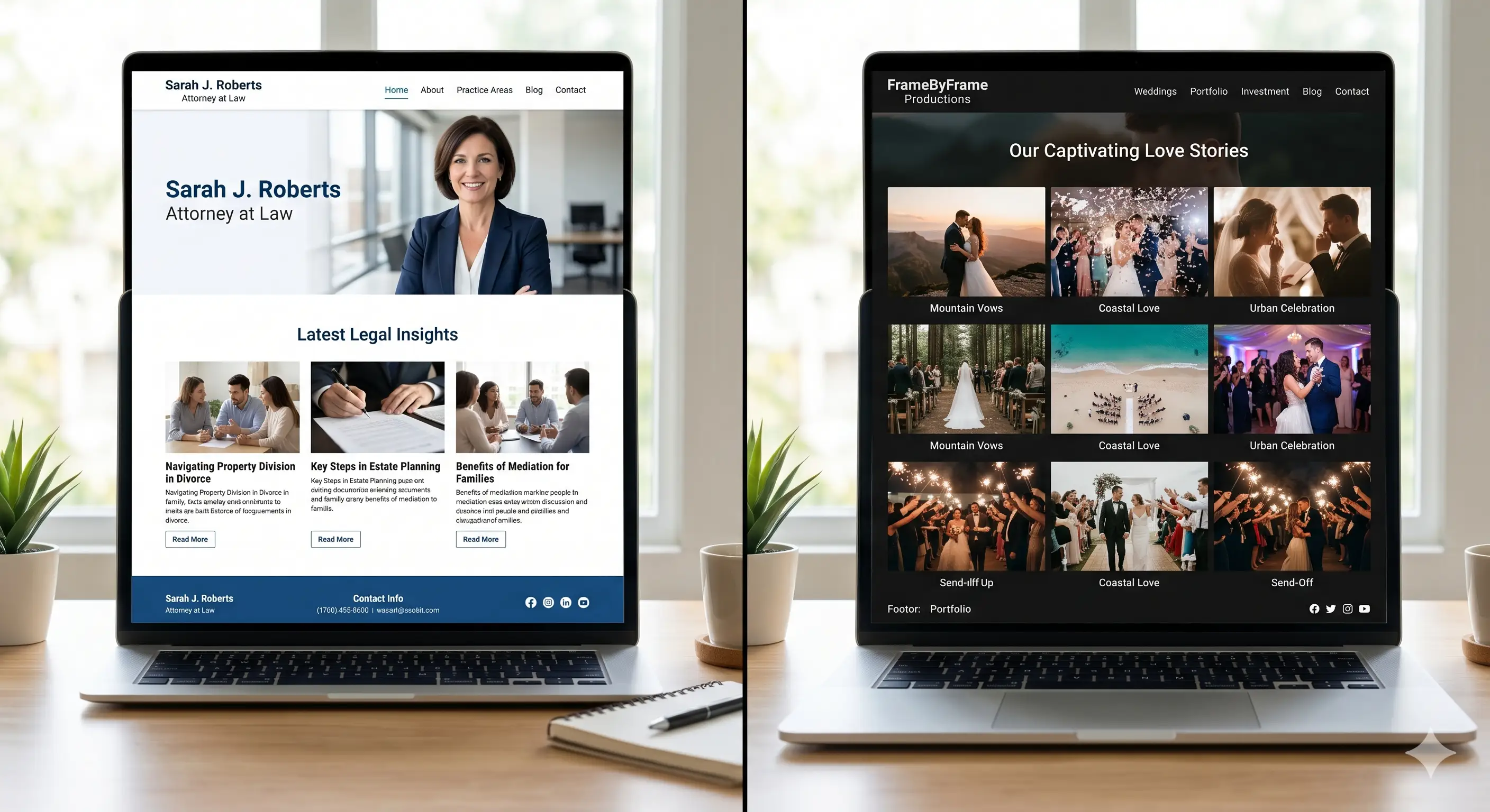 Split screen comparison: A modern lawyer personal brand website on the left, and a wedding videographer portfolio on the right