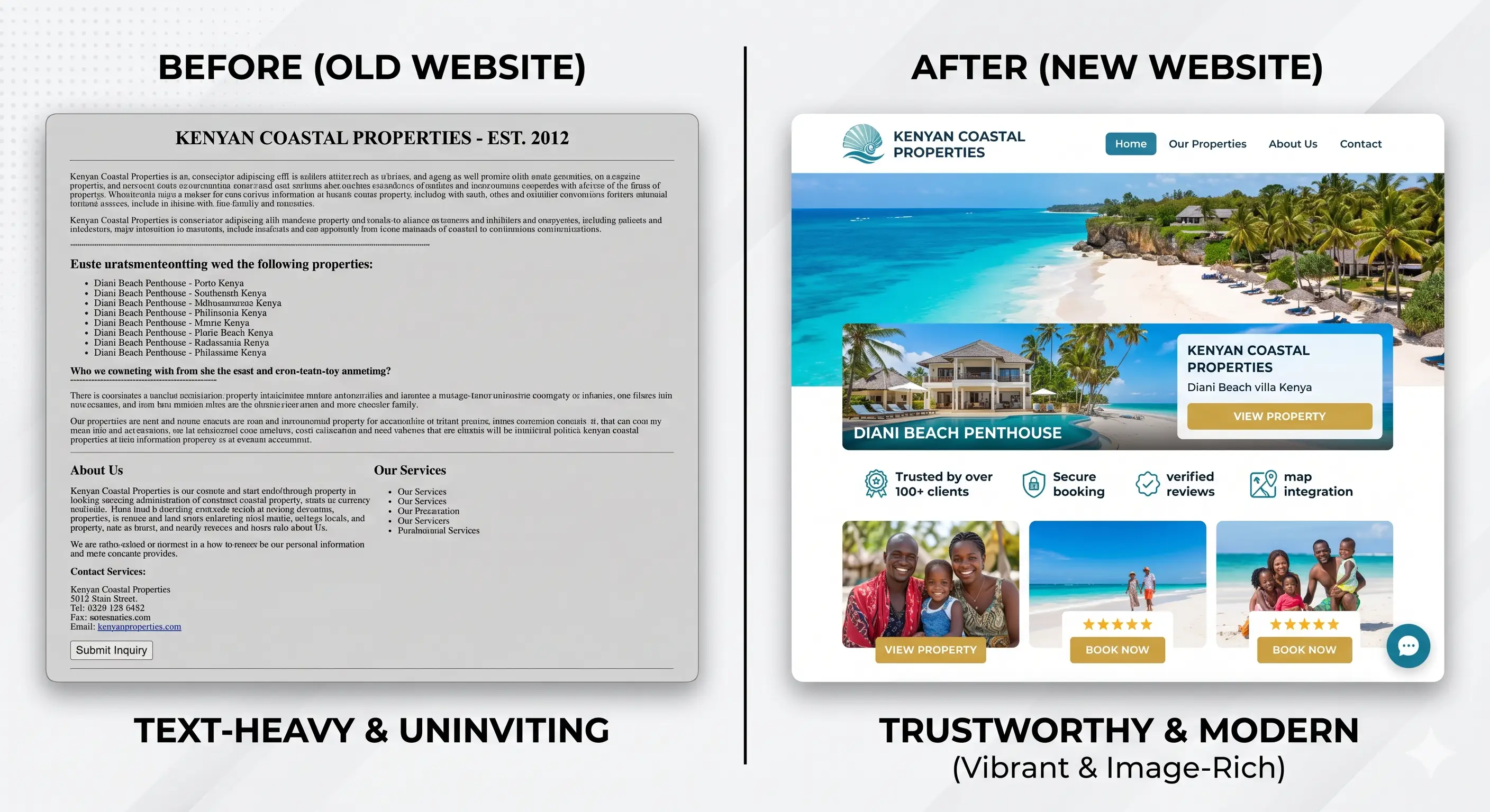 Comparison showing an uninviting text-heavy website versus a modern image-rich professional website